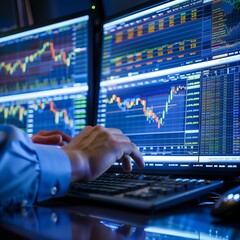 Fototapeta premium Close-up of a stock broker's hands analyzing charts and data on multiple screens, focus on screens. Business concept for stock market. financial chart graphs concept
