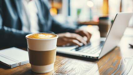 selective focus,  Focus on a coffee cup, blurred background, business background, A person typing on a laptop while holding a coffee cup.