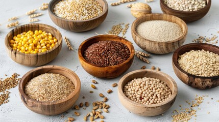Assorted gluten free grains in wooden bowls on light gray kitchen table