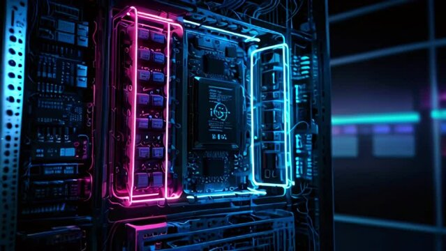 The video is of a computer case with a glass side panel. The case is lit up with pink and blue lights, and there is a circuit board inside the case.