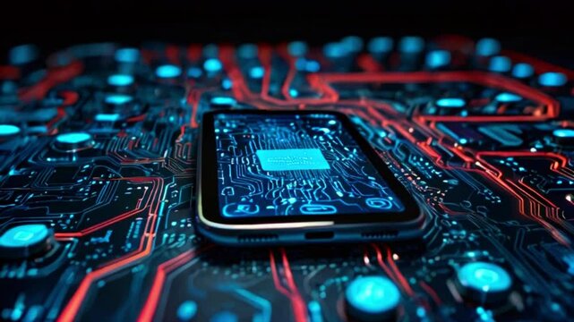 A close-up of a computer chip on a circuit board. The chip is blue and black, and the circuit board is red and black.