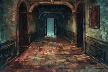 Fototapeta premium Dark and Eerie Hallway in an Old Mansion