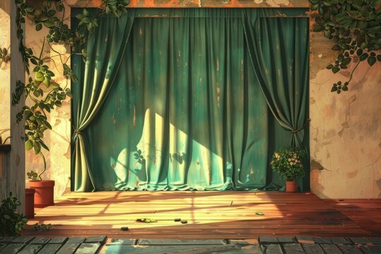 Rustic Green Curtains with Sunlit Wooden Floor