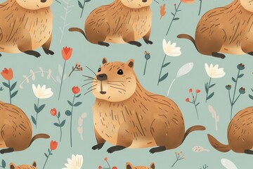 pattern with capybaras. background for textile design, cover, wrapping paper. ai generated