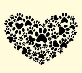 Dark paw prints in heart shape illustration. Cat or dog paw prints. Love symbol. sign made with flat animal footprints