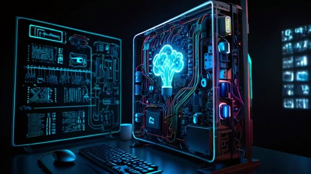 This is an illustration of a computer case with a glowing blue brain inside it. The case is open, and you can see the various components inside the computer.
