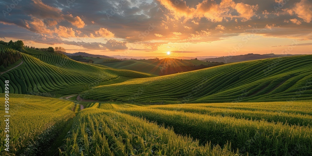 Wall mural sun-kissed rolling hills at sunset - Wall murals
