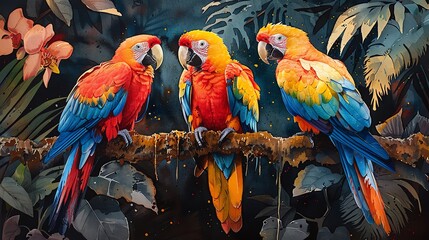 Obraz premium Tropical birds, vibrant plumage, lush foliage, watercolor vibrancy, lively scene