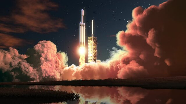 Night launch of heavy space rocket. 3d animation. 4k.
