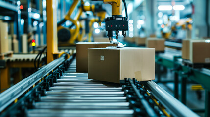 Robotic machinery packaging products in a factory, with boxes moving along conveyor belts