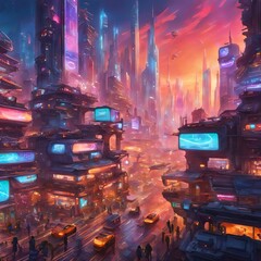 Cyberpunk city in rush hours