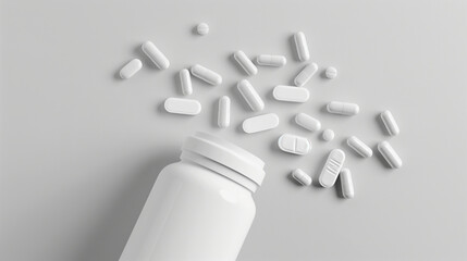 White supplement bottle, capsules coming out of bottle