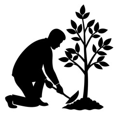 A man planting tree silhouette vector illustration on white background.
