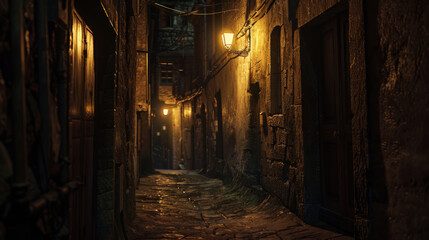 Obraz premium An alley with dim lighting creates a somber atmosphere, evoking a sense of mystery