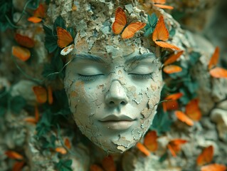 Surreal Portrait of Woman's Face with Butterflies and Peeling Paint
