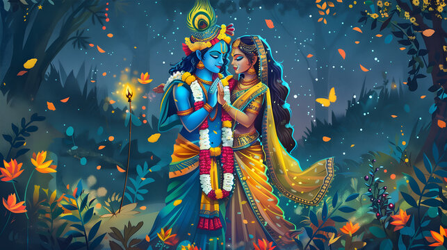 Naklejki The divine embrace of Krishna and Radha, symbolizing eternal love in Hindu mythology