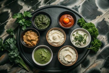 a lot of bowls with delicious saus