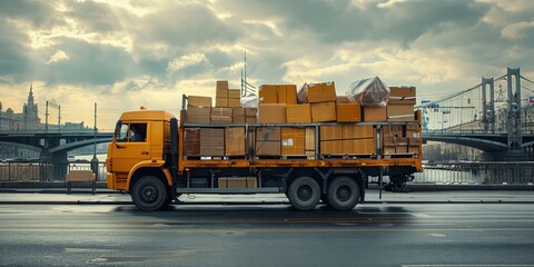 A Yellow Truck Loaded with Cardboard Boxes Drives Along a City Street