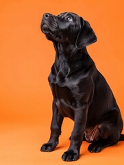 Obraz premium Black Labrador Retriever Puppy Sitting on Orange Background