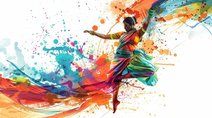 Fototapeta premium Abstract illustration of the Bharatanatyam dance in an explosion of colorful paint on a white background