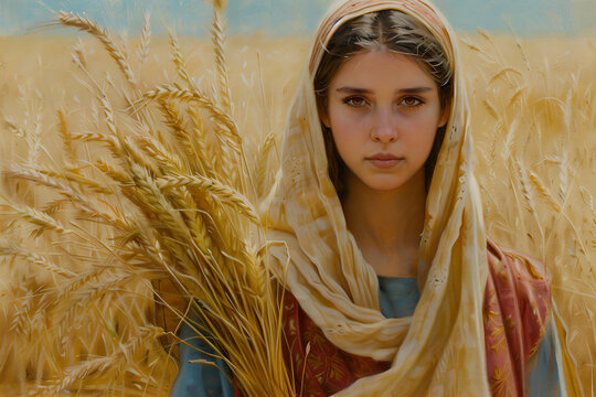 Artistic painting of Ruth, holding sheaves of wheat, symbolizes humility and hard work