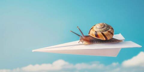 Snail riding paper plane as speed up concept. AI generative art	