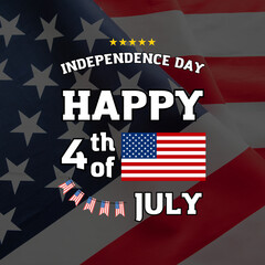 4th of July independence day poster, banner, flyer, background, template, with the greeting, usa flag waving ribbon, bunting decoration, and American famous landmarks in the background.