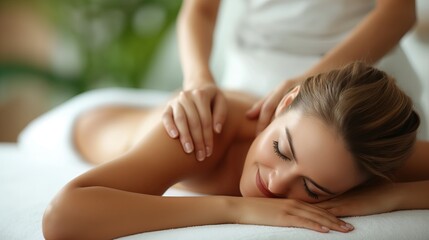 Obraz premium Young woman having back massage in spa salon. Beauty treatment concept.