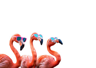 Colorful pink flamingos in sunglasses isolated on free png background. Holiday and party time.