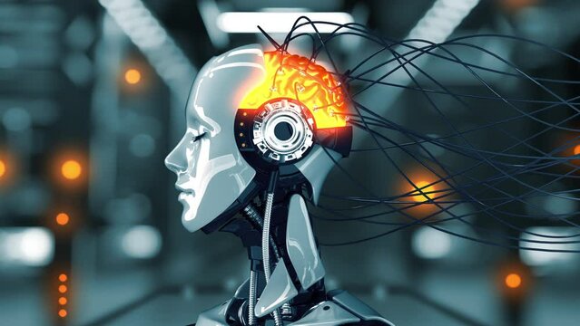 Uploading information into the brain of a female robot with artificial intelligence. 3d animation. 4k.