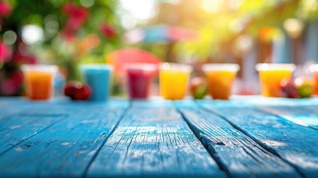 a close up of a empty wooden table with colorful jello in cups summer background	