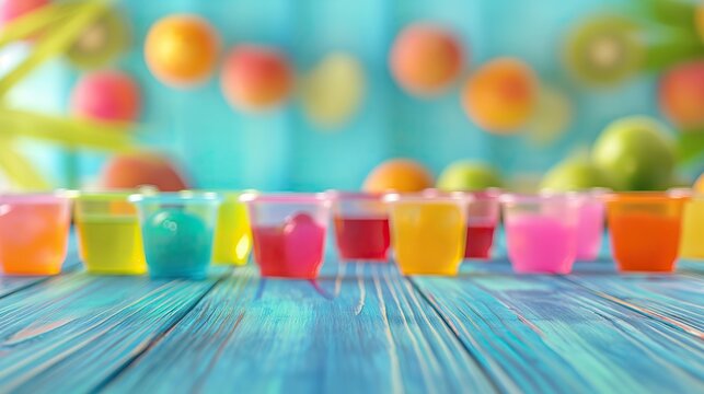 a close up of a empty wooden table with colorful jello in cups summer background	