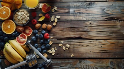 Naklejka premium Fitness concept with healthy snacks and dumbbell on wooden surface