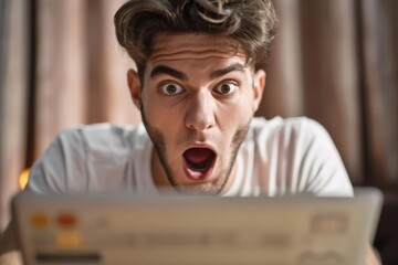 A young man stares in disbelief at his laptop screen, having just discovered his credit card information has been compromised.
