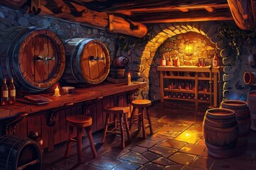 Cozy Tavern Cellar with Wooden Barrels and Wine Rack