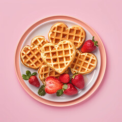 breakfast with heart shaped waffles and strawberries in plate on pink background.