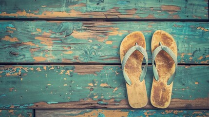 Old style flip flops on wooden surface with antique hue