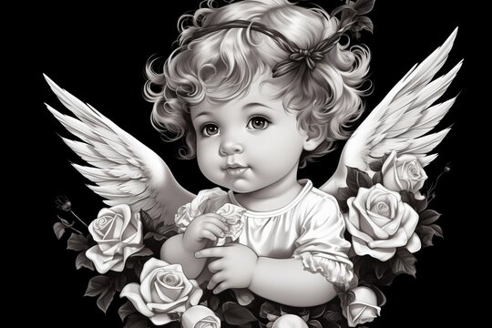 recommend clip art: Detailed line art of cupid angel with bow and arrow, symbolizing love and romance in ai character
