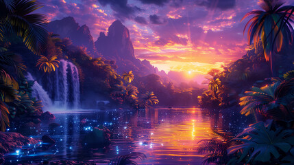 Obraz premium Night life in the rainforest with fluorescent nature