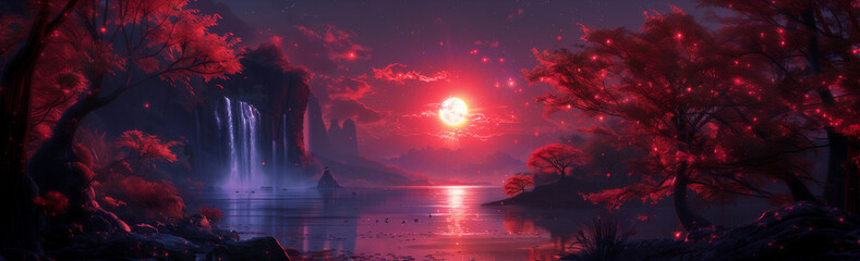 A scarlet sunset over a river in a paradise valley