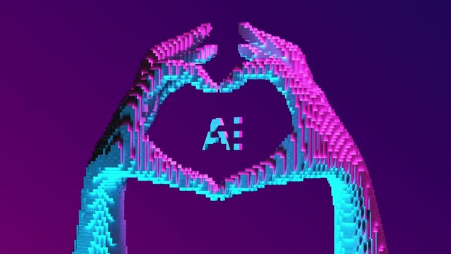Transformation of a 3D pixel into a digital heart from hands. Seamless looped. AI concept. 3D animation. 4k.