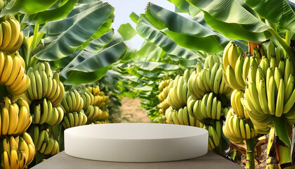 Joyful Empty podium for product presentation and banana tree background, Generative AI.