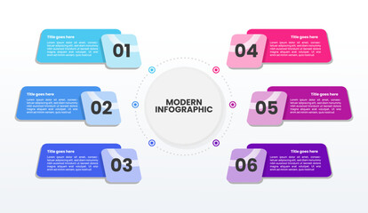 Business Infographic Template Design with Square Label, Number and 6 Options. Suitable for Process Diagram, Presentations, Workflow Layout, Banner, Flow Chart, Infographic.
