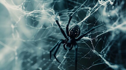 Obraz premium Black spider and torn web. Scary spiderweb of halloween symbol