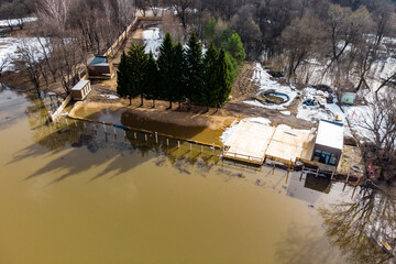 Flooded coastal area during a flood, aerial view