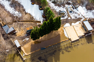 Flooded coastal area during a flood, aerial view