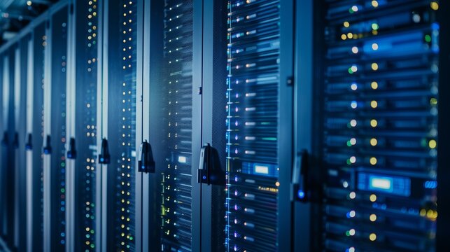 Rows of server racks in a data center, with blinking lights and cables.