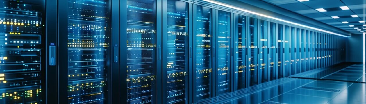 Rows of server racks in a data center with bright blue lights.