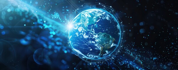 Obraz premium Abstract digital illustration of Earth with blue glowing network lines, representing global connectivity and technology. Suitable for themes of globalization, communication, and digital innovation. 