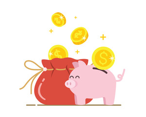 Bag and piggy bank with gold. Money bag with dollar coins. Income and bonus concept. piggy bank with coins concept.